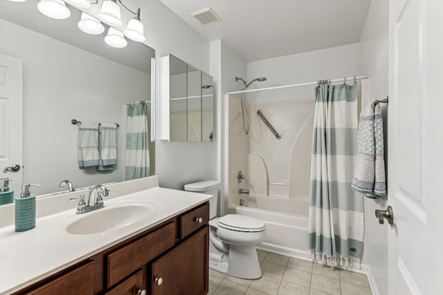 full bathroom with shower / bath combination with curtain, toilet, tile patterned flooring, and vanity