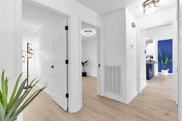 hall with sink, a textured ceiling, and light hardwood / wood-style flooring