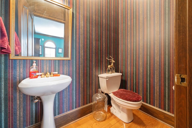 bathroom featuring toilet, wood-type flooring, and sink