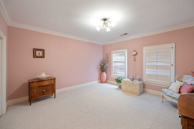 living area featuring crown molding and light colored carpet