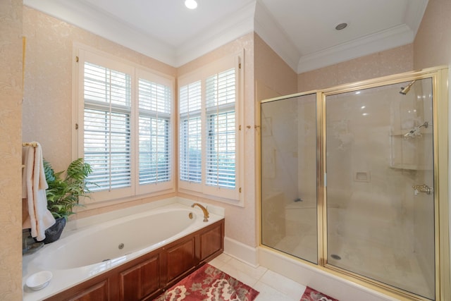 bathroom with a wealth of natural light, independent shower and bath, and crown molding