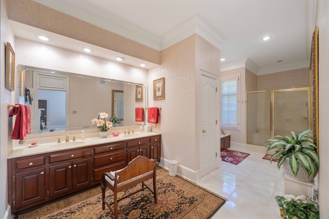 bathroom with vanity, crown molding, walk in shower, and tile patterned flooring