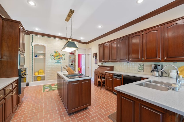 kitchen with tasteful backsplash, oven, sink, a kitchen island, and pendant lighting