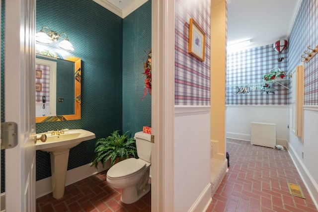 bathroom featuring toilet, crown molding, and sink