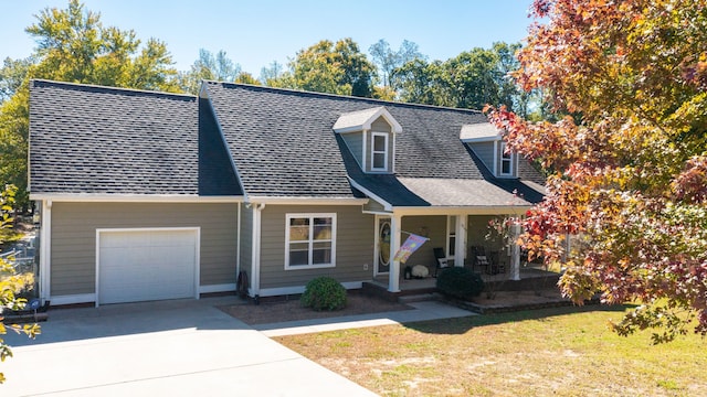 cape cod home featuring a front yard, covered porch, and a garage