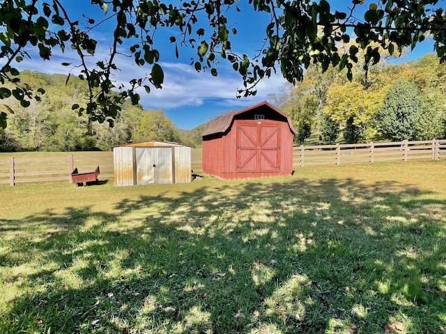 view of yard with a storage unit and a rural view