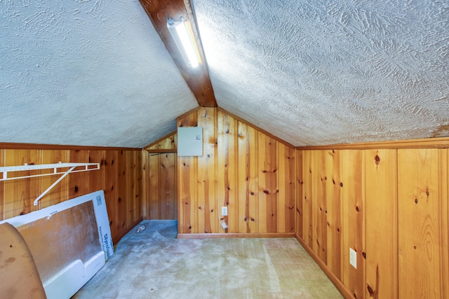 additional living space with a textured ceiling, lofted ceiling, wooden walls, and carpet floors