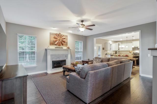 living room featuring ceiling fan, a premium fireplace, and dark hardwood / wood-style flooring