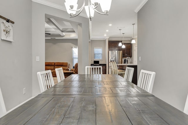 dining room featuring coffered ceiling, beam ceiling, crown molding, an inviting chandelier, and dark hardwood / wood-style flooring