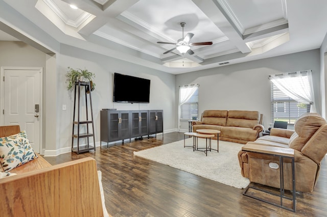 living room featuring beam ceiling, ceiling fan, coffered ceiling, dark wood-type flooring, and crown molding