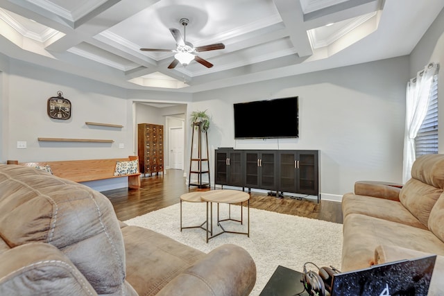 living room featuring crown molding, beam ceiling, coffered ceiling, and wood-type flooring