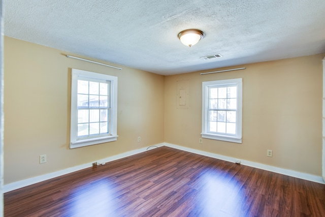 spare room featuring dark wood-type flooring, a textured ceiling, and a wealth of natural light