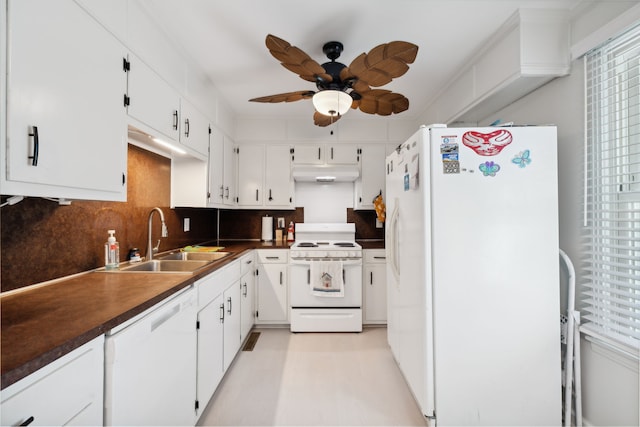 kitchen with white cabinets, tasteful backsplash, ceiling fan, sink, and white appliances