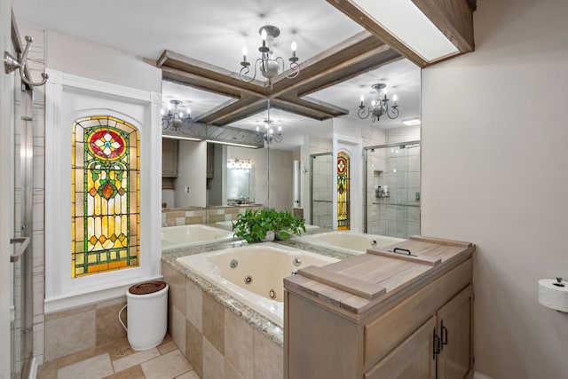 bathroom with a chandelier and plus walk in shower