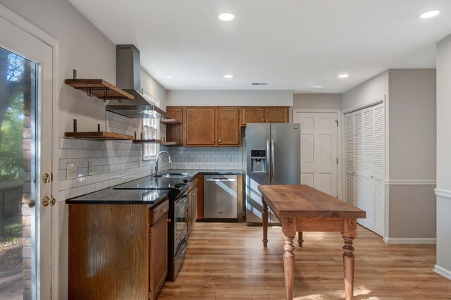 kitchen with appliances with stainless steel finishes, sink, ventilation hood, and light hardwood / wood-style floors