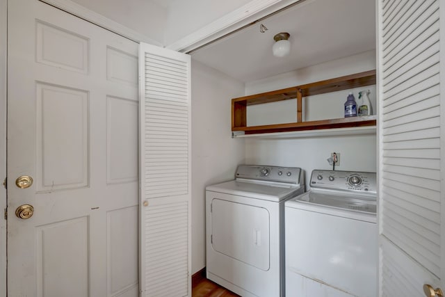 laundry area with hardwood / wood-style flooring and washing machine and clothes dryer