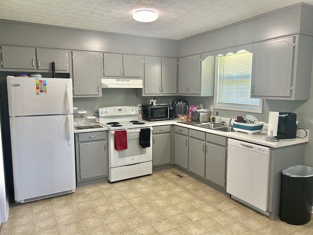 kitchen with gray cabinets, a textured ceiling, sink, and white appliances