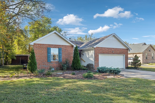 single story home featuring a front lawn and a garage