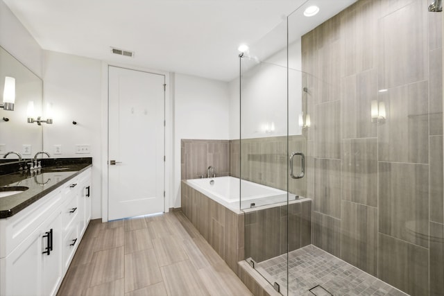 bathroom featuring vanity and plus walk in shower