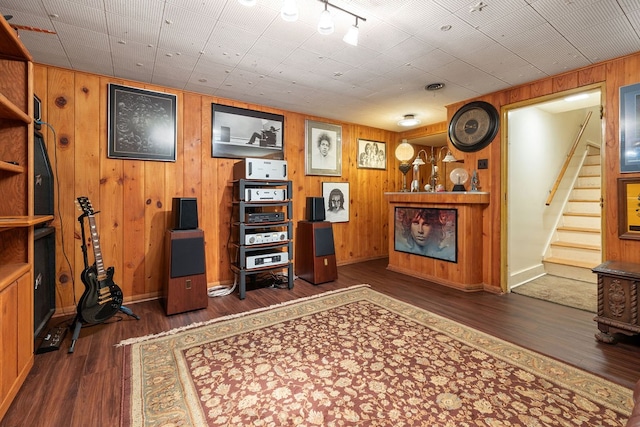 interior space featuring wooden walls and dark hardwood / wood-style floors