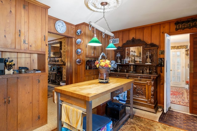 kitchen with wooden walls and pendant lighting