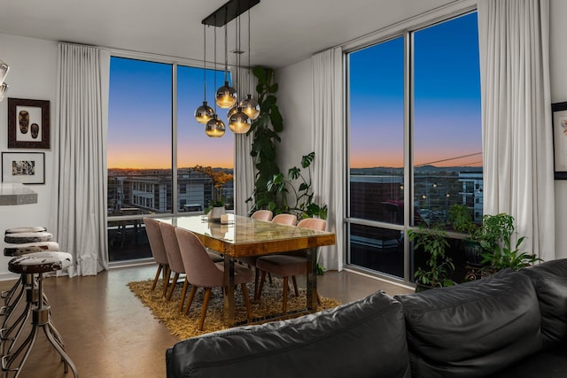 dining area with concrete floors, a healthy amount of sunlight, and floor to ceiling windows