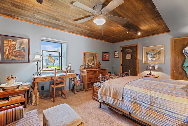 carpeted bedroom featuring ceiling fan and wooden ceiling