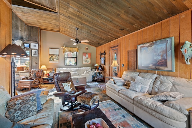 living room featuring wooden walls, wood ceiling, and ceiling fan