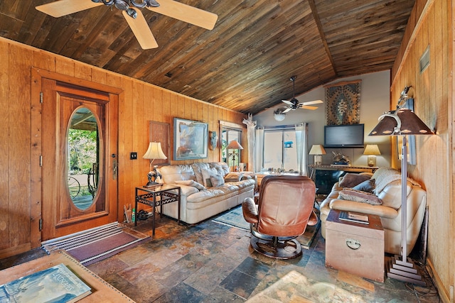 living room with lofted ceiling, wooden walls, and wooden ceiling