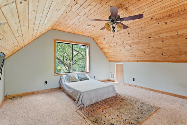 carpeted bedroom featuring lofted ceiling, wooden ceiling, and ceiling fan