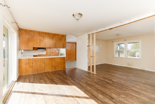 kitchen featuring kitchen peninsula, sink, and dark wood-type flooring