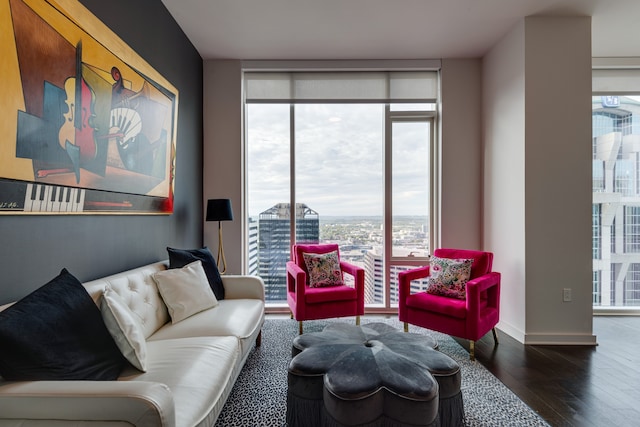 living room featuring floor to ceiling windows and dark hardwood / wood-style flooring