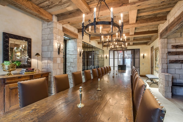 dining room featuring wooden ceiling, beamed ceiling, and a chandelier