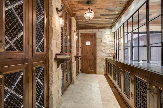 wine cellar with wooden ceiling