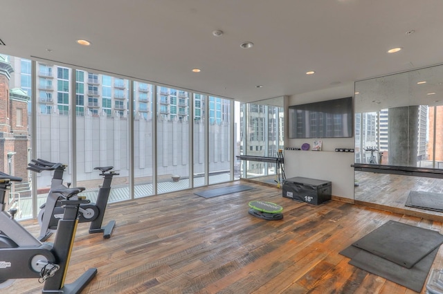 workout area with wood-type flooring, plenty of natural light, and a wall of windows