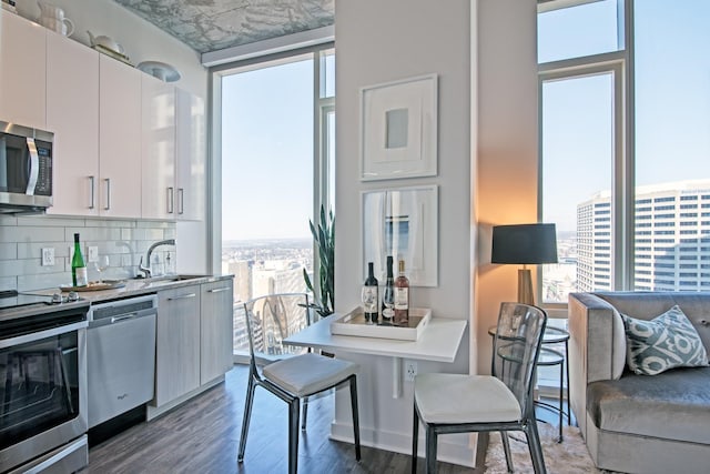 kitchen featuring sink, dark hardwood / wood-style flooring, backsplash, white cabinets, and appliances with stainless steel finishes