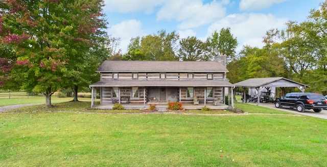 view of front of home with covered porch, a front yard, and a carport