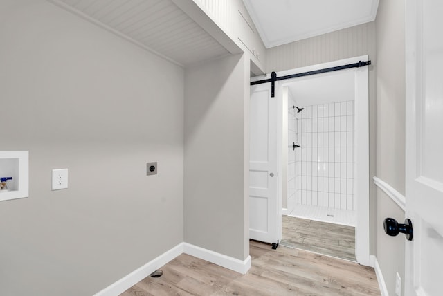 606 S Chestnut St, Monterey, TN 38574 - washroom featuring laundry area, baseboards, hookup for a washing machine, light wood-type flooring, and electric dryer hookup