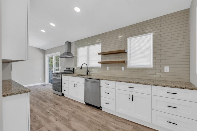 606 S Chestnut St, Monterey, TN 38574 - kitchen with wall chimney exhaust hood, white cabinetry, a sink, backsplash, and stainless steel appliances
