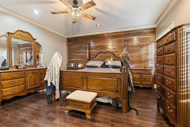 43 Landfill Ln, Brush Creek, TN 38547 - bedroom featuring wood walls, recessed lighting, ornamental molding, and dark wood-style flooring