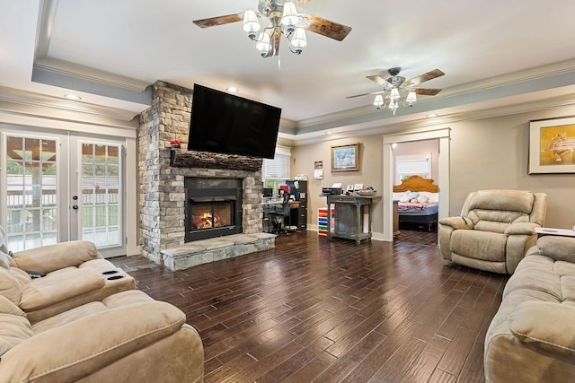 43 Landfill Ln, Brush Creek, TN 38547 - living area with a fireplace, a healthy amount of sunlight, a ceiling fan, and ornamental molding