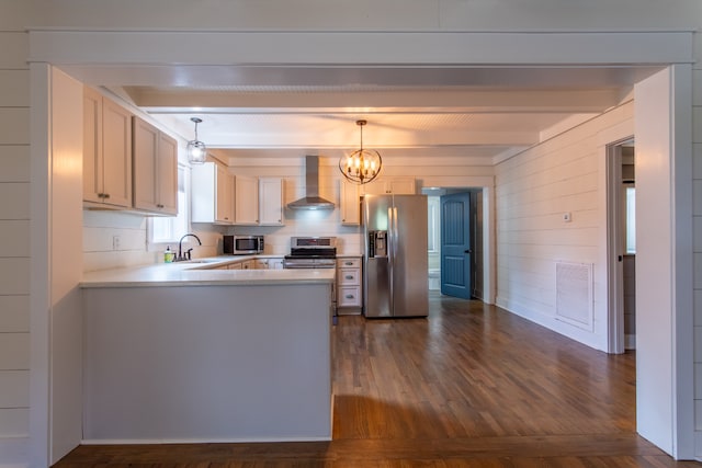 kitchen featuring wall chimney range hood, hanging light fixtures, dark hardwood / wood-style flooring, appliances with stainless steel finishes, and sink