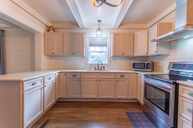 kitchen with wall chimney range hood, dark hardwood / wood-style floors, sink, pendant lighting, and appliances with stainless steel finishes