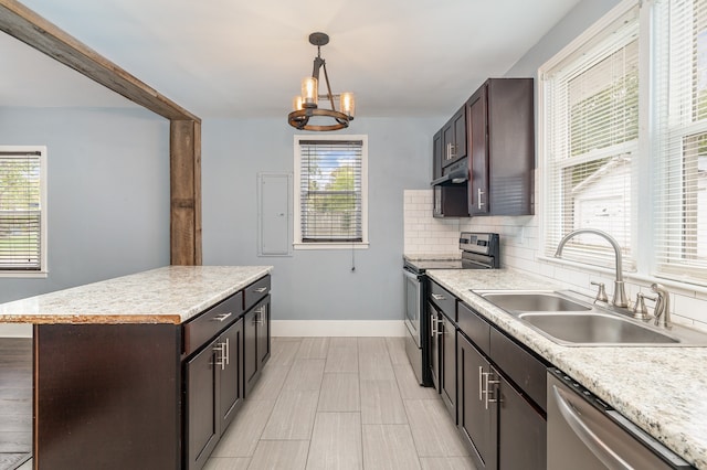 kitchen featuring a kitchen island, sink, appliances with stainless steel finishes, and a healthy amount of sunlight