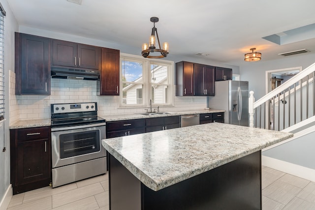 kitchen with appliances with stainless steel finishes, sink, a kitchen island, backsplash, and decorative light fixtures