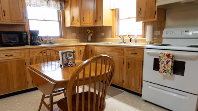 kitchen featuring white electric range, exhaust hood, sink, and backsplash