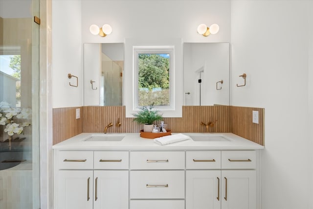 bathroom featuring a wealth of natural light, vanity, and an enclosed shower