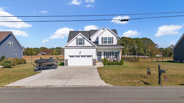 view of front facade featuring a porch, a front lawn, and a garage