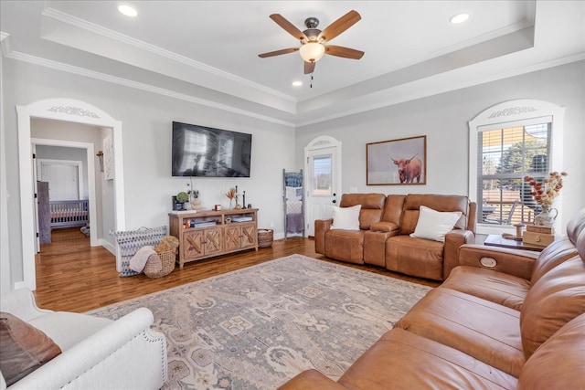 living room with crown molding, ceiling fan, wood-type flooring, and a raised ceiling