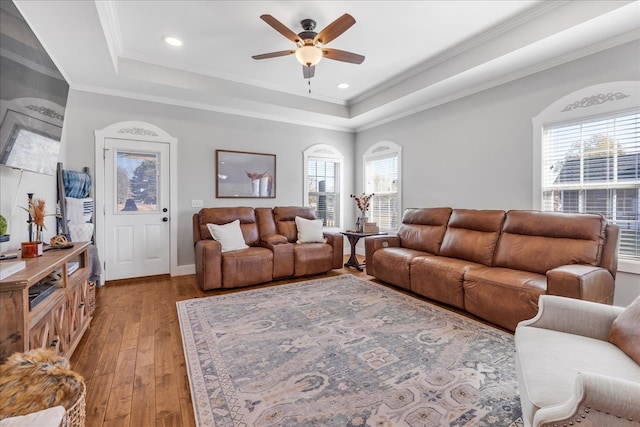 living room with ornamental molding, hardwood / wood-style floors, ceiling fan, and a raised ceiling